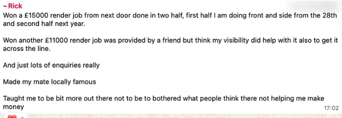 Tradesman testimonial: won a £15,000 render job and another £11,000 job