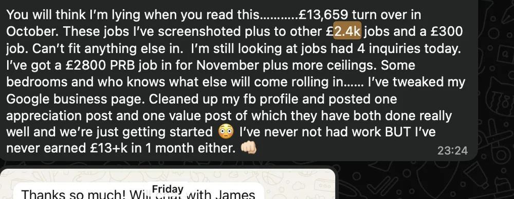 Tradesman testimonial: £13,659 turnover in October