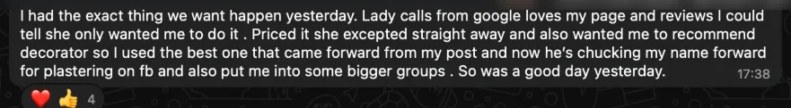 Tradesman testimonial: lady called from Google, loved the page and reviews